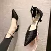Sandálias Baotou com salto alto, estilo fada para primavera e verão, salto fino, estilo botão, saia de dedo apontado, sandálias luxuosas