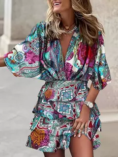 Imagem do Vestido feminino com decote em v, manga Batwing, babado elegante com renda, mini vestidos de praia, streetwear casual, moda solta, outono, 2024