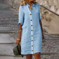 Imagem do Saia Midi de Algodão Elegante Feminino, Vestido Casual, Manga Curta, Comprimento Médio, Decote V, Lady Robe, Vestidos de Verão, S-XL, 2022