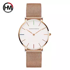 Imagem do Relógio de mulheres hannah martin japão movimento de quartzo simples à prova d' água ouro rosa malha de aço inoxidável relógio de senhoras relogio feminino
