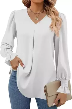 Nova camisa feminina de chiffon de cor sólida com decote em v pulôver queimado manga comprida camisa superior senhora do escritório elegante cáqui blusas soltas - Wolf Magazine