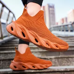 Imagem do Tênis de malha leve para casais, tênis de corrida com lâmina deslizante, tênis de meia masculino, moda feminina, amarelo