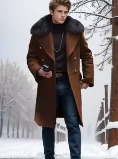 Casaco Casual de Lã dos homens europeus e americanos, outono e inverno, sobretudo de gola de pele trespassado dos homens jovens, S-5XL - comprar online
