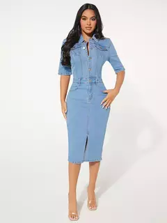 Vestido feminino de comprimento médio com botões elásticos, saia jeans, saia de quadril, manga curta, tendência, outono - Wolf Magazine