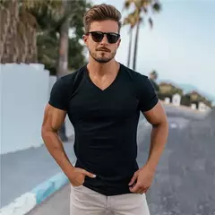 Imagem do Camiseta de manga curta para musculação masculina, camiseta esportiva, roupa de algodão, gola V, respirável, ginástica, fitness, treino, verão
