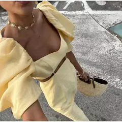 Imagem do Vestido midi elegante e recortado para mulheres, gola quadrada, manga folhada, vestido de fenda para senhora, elegante moda de festa, amarelo, verão, 2024