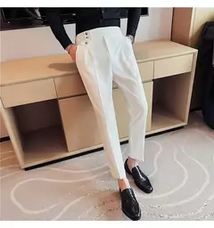 Calça formal de botão de cintura alta estilo britânico masculina, terno casual empresarial, calça de escritório, monocromática, alta qualidade, nova, primavera - comprar online