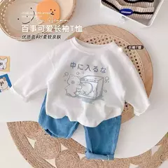 Camiseta infantil de manga comprida, algodão puro, camisa base, desenho animado estampado, primavera e outono, bebê, meninos e meninas