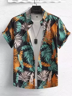 Homens e mulheres com estampa havaiana camisas de manga curta, lapela botão-down tops - comprar online