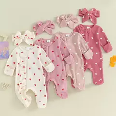Pudcoco-macacão de bebê menina com estampa de coração, manga comprida para os pés, com zíper e bandana de 0 a 6 anos