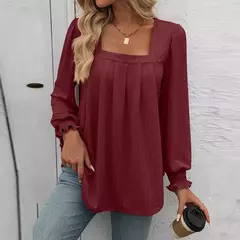 Imagem do Camiseta feminina casual de manga comprida com gola quadrada, mangas folhada, design plissado, tops de pulôver, camisetas na moda