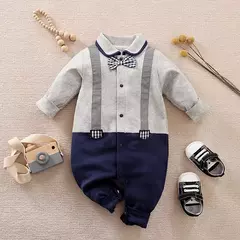 Macacão de algodão manga comprida para bebê recém-nascido, estilo cavalheiro, alças de festa, roupas confortáveis, primavera e outono, 0-18