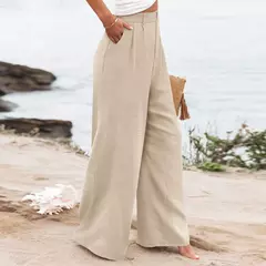 Calça larga de linho de algodão feminina, comprimento total, casual, monocromática, solta, cintura alta, reto, botão, verão - Wolf Magazine