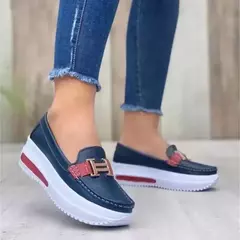 Sapatos femininos de couro vulcanizado em PU, tênis de dedo redondo, casual, boca rasa, slip-on, feminino, diário, impermeável, na moda - loja online