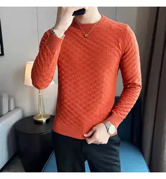 Outono inverno estiramento jacquard tecido o-pescoço camisola waffle masculina ajuste fino manga longa pullovers de malha casual streetwear homme