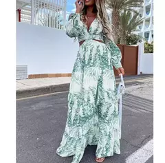 Primavera novo vestido longo moda impressão sexy profundo decote em v vestido de manga comprida feminino elegante oco para fora plissado emendado maxi vestido na internet