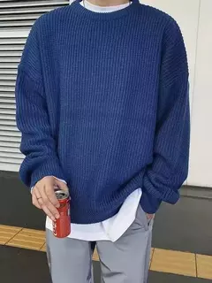 Pulôver de gola redonda de cor sólida masculino, suéter de malha casual, maca