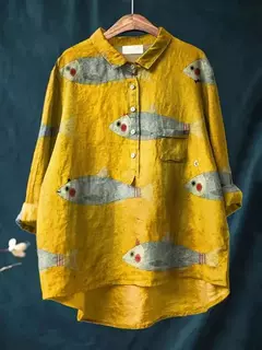Sardinha de peixe retrô casual feminina arte camisa de bolso manga longa, camisas estampadas estilo havaiano, tops com gola v, verão - Wolf Magazine