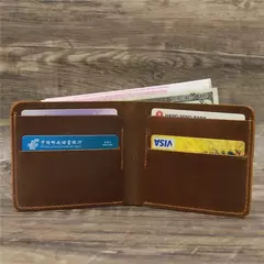 Imagem do Carteira masculina de couro Crazy Horse, carteira de couro genuíno, bolsa de cartão, estilo retrô europeu e americano simples, bolsa masculina 2025