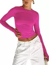 Top feminino de gola redonda manga longa com furos no polegar, camiseta monocromática, slim fit, streetwear diário, moda verão
