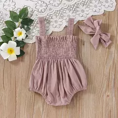 Roupas do bebê macacão de verão outfit cor sólida ruched criança menina casual sem mangas suspensórios crianças conjunto bandana - comprar online