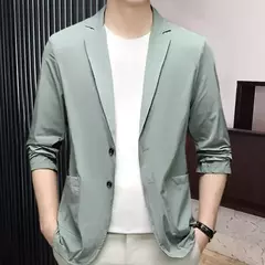 Blazers de negócios monocromáticos masculinos, blazers slim fit, botões duplos, lapela, mangas 3/4, terno de deslocamento, casaco do noivo na internet