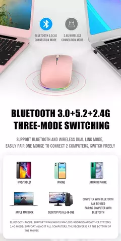 Mouse sem fio Bluetooth para Tablet e telefone, Ratos de retroiluminação RGB recarregáveis para iPad, PC, Laptop, 2.4GHz USB - comprar online
