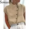 Camisa elegante de algodão com gola de linho para mulheres, estilo simples, cardigã de peito único, blusa casual solta, verão feminino, 2023