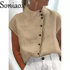 Camisa elegante de algodão com gola de linho para mulheres, estilo simples, cardigã de peito único, blusa casual solta, verão feminino, 2023