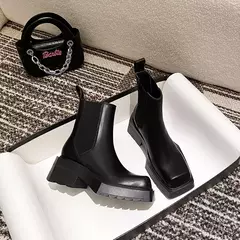 Mulheres de couro genuíno botas nuas novo salto grosso chelsea botas dedo do pé quadrado botas curtas de salto alto designer moda feminina botas - Wolf Magazine