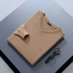 Camisola de cashmere manga comprida masculina com decote em v, pulôveres masculinos padrão, saltadores de tricô, roupas monocromáticas, venda quente