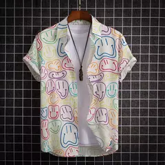 Camisa havaiana estampada geométrica masculina, blusa de praia de peito único, tops de manga curta, roupa de feriado masculina, moda flor, 2023