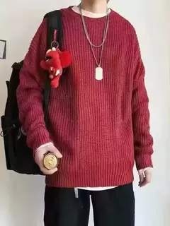 Pulôver de gola redonda de cor sólida masculino, suéter de malha casual, maca - loja online