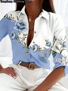 Camisa feminina de seda gelo estampada de mangas compridas, independente, roupas populares de férias havaianas, quente, novo, verão, 2024 - loja online