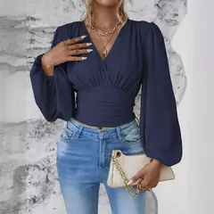 Imagem do Pulôver feminino com decote V profundo, blusa feminina de manga comprida, tops casuais diários, cintura solta e magro, crossover, primavera, outono