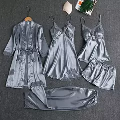 Conjunto de pijama feminino, roupão de seda, roupa de dormir, cami com decote em v, pijamas, pijamas, camisola primavera, 5 peças - loja online