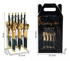 Louça de aço inoxidável com contas duplas, Rack com alça de plástico, faca de bife, garfo e colher, presentes high-end, 24PCs