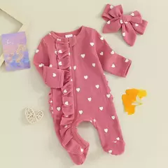 Pudcoco-macacão de bebê menina com estampa de coração, manga comprida para os pés, com zíper e bandana de 0 a 6 anos - comprar online