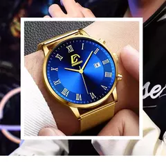 Homens de aço inoxidável malha cinto relógio de quartzo, calendário relógios, colar masculino, relógio de pulso, ouro, luxo, negócios, moda, 2pcs set - loja online