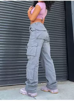 Calça jeans larga de cintura alta feminina, calça cargo cinza, calça larga, moda casual, bolsos múltiplos, estilo de rua Hip Hop, mãe, vintage, verão na internet