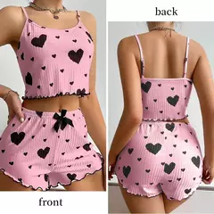 Ice Silk Suspender Pijama Conjunto com decoração em forma de coração impresso para senhoras, verão 2 peças - loja online