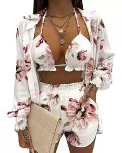 Fato de banho feminino de três peças, moda praia sexy, biquíni de cintura alta, maiô estampado, shorts para cobrir, moda praia de verão, novo 2024 na internet