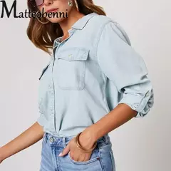 Camisa jeans fina de peito único feminina, bolso de emenda, manga longa, tops de lapela, confortável, blusa casual para mulheres, outono - loja online