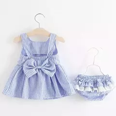 Conjuntos de roupas de verão para bebês, vestido sem mangas, calças curtas e vestido, patchwork listrado, fofo, 6-24M, 2 pcs, 2023