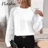 Blusa de Manga Longa Feminina, Tops Renda com Decote O, Camisa Branca, Design Plissado, Pulôver de Escritório, Moda, Outono