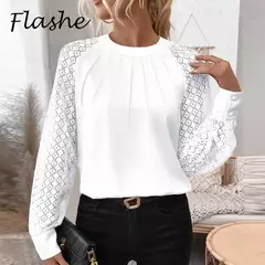Blusa de Manga Longa Feminina, Tops Renda com Decote O, Camisa Branca, Design Plissado, Pulôver de Escritório, Moda, Outono