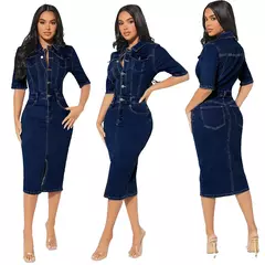 Vestido feminino de comprimento médio com botões elásticos, saia jeans, saia de quadril, manga curta, tendência, outono na internet