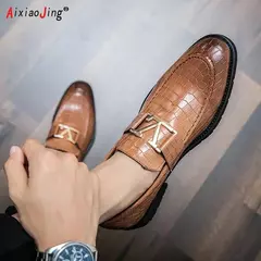 Calçado de couro masculino, mocassins empresariais, sapatos de fivela casuais, tendência, marca de luxo, novo designer - loja online