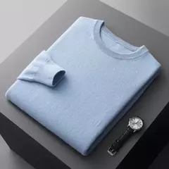 Imagem do Pulôver masculino de malha com mangas compridas, suéter 100% lã merino, top casual básico de cor sólida, moda