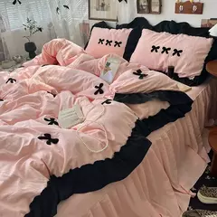 Conjunto de cama estilo princesa coreano para meninas, capa de edredão kawaii, arco preto, lençol macio para a pele, saia de cama, fronhas - loja online
